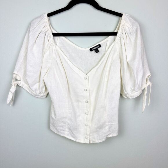 Express Puff Tie Sleeve Button Front Corset Crop Top White Cream Linen Womens M - Picture 1 of 7